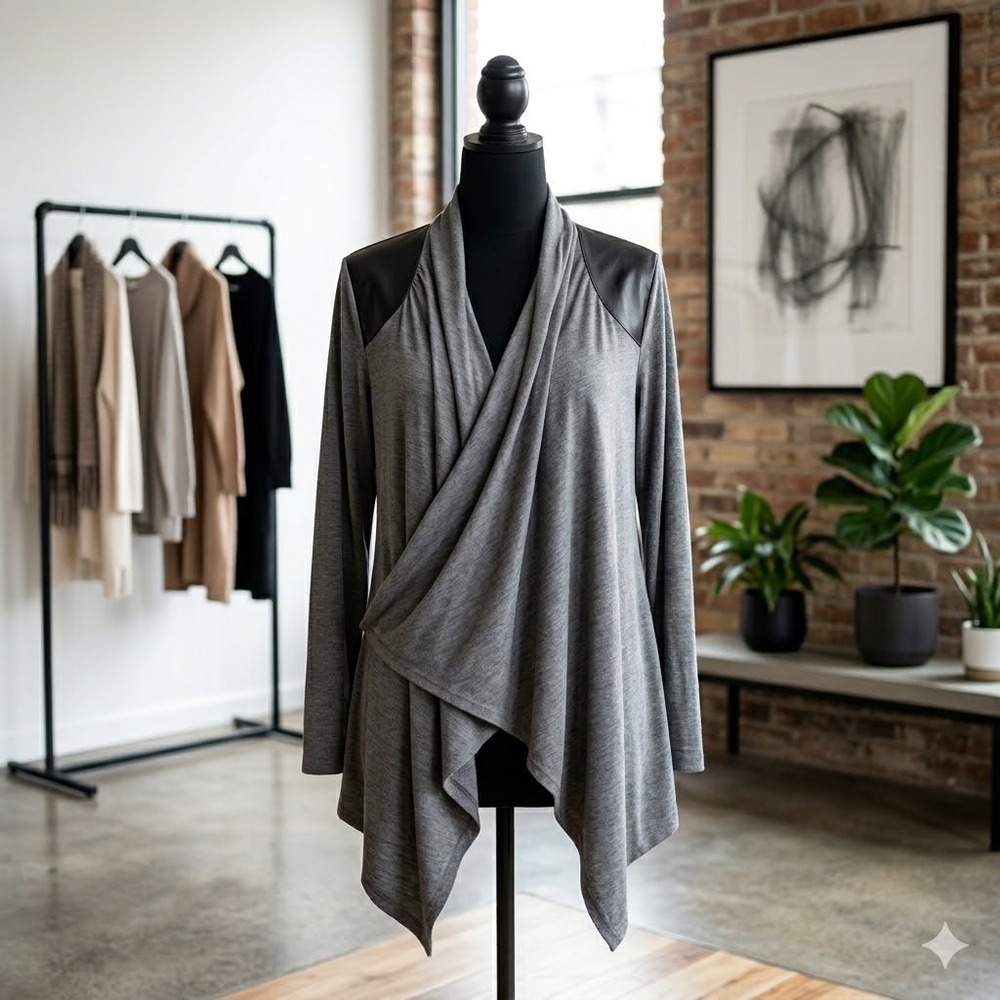 Full Tilt Cardigan Womens Large Gray Faux Leather Trim Draped Sharkbite Hem Open